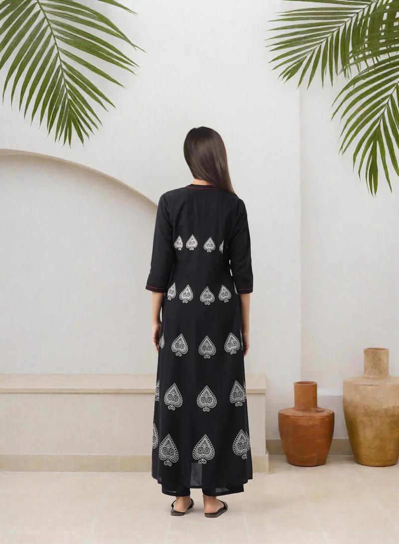 آي شين Women's Black 100% Cotton Embellished Tunic Full Length Casual Straight Fit Kurta Set